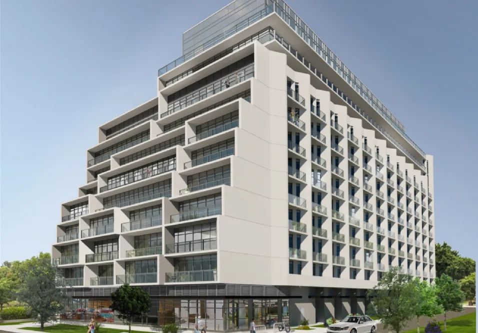 Rendering of Royal York Regency, a terraced mid-rise condominium with stepped balconies.