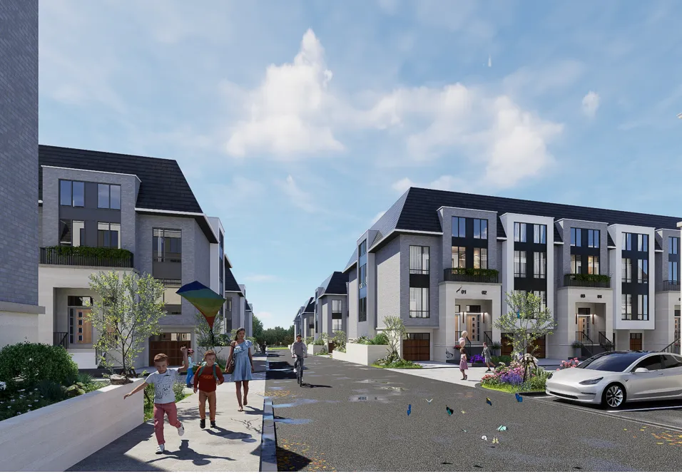 Rendering of a townhome street where children fly a kite.